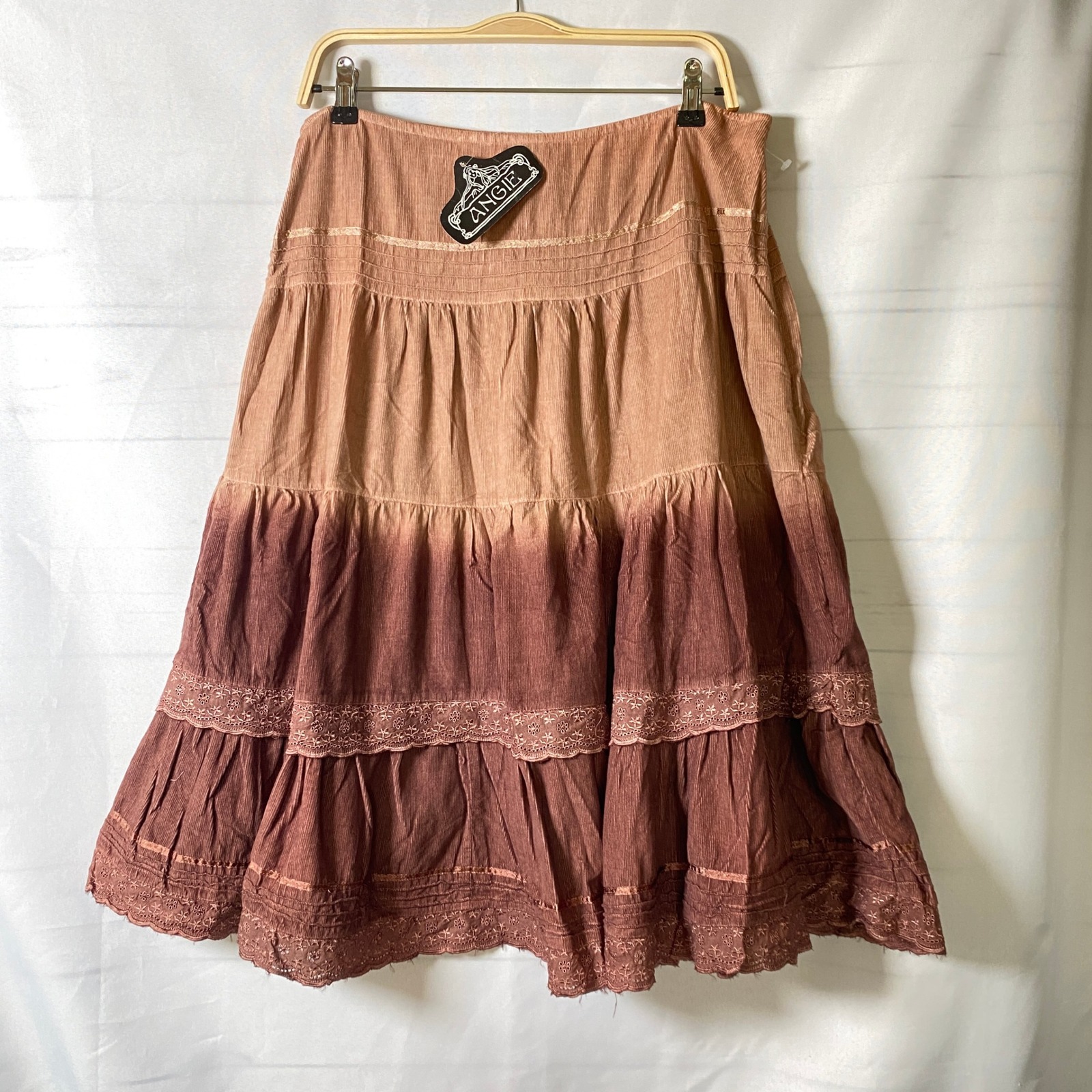 Angie Boho Ombre Corduroy Tiered Midi Skirt Women M Brown Eyelet Lace Festival — image 2 of 8